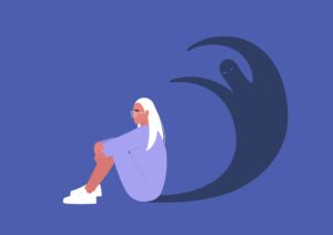 En illustrasjon som skal vise følelsen skyld og skam som en stor skygge bak en menneskefigur